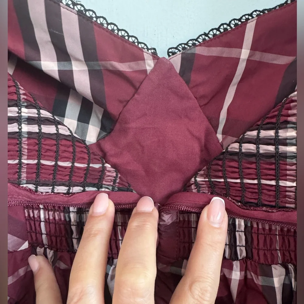 Anthropologie Maeve Plaid Maroon Tartan Burgundy Mini Puff Sleeve Dress Size S - Picture 14 of 15